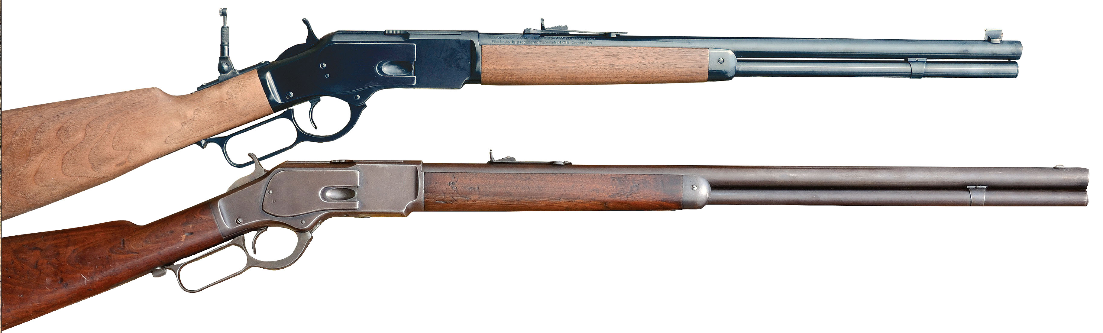 The new Winchester Model 1873 (above) is shown with an original Model 1873 standard rifle. Both are chambered for the .44-40.